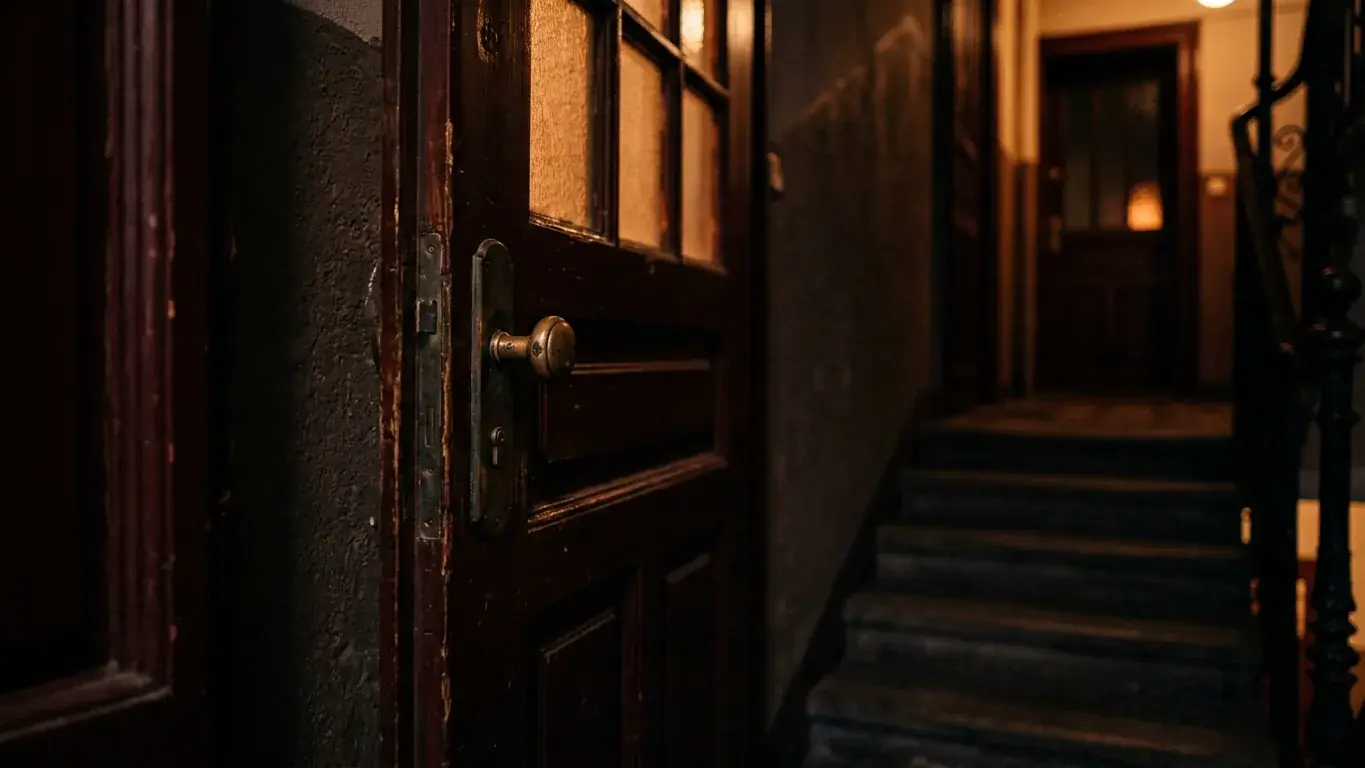 Unscharfe Wohnungstür mit Messinggriff im Treppenhaus bei Dämmerung