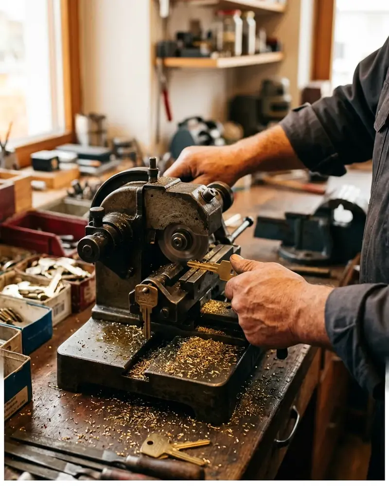 Schlüsselrohling wird auf einer Fräsmaschine in der Werkstatt kopiert