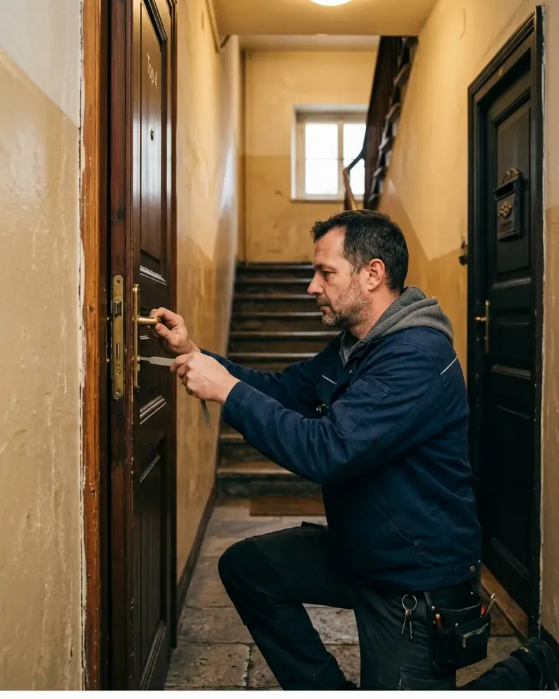 Monteur öffnet eine geschlossene Wohnungstür im Flur eines Altbaus mit einem flachen Öffnungswerkzeug