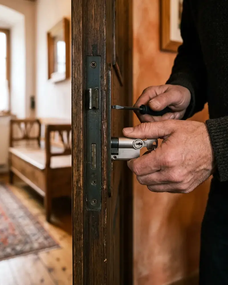 Hand zieht mit einem Schraubendreher einen Profilzylinder aus dem Einsteckschloss einer Tür