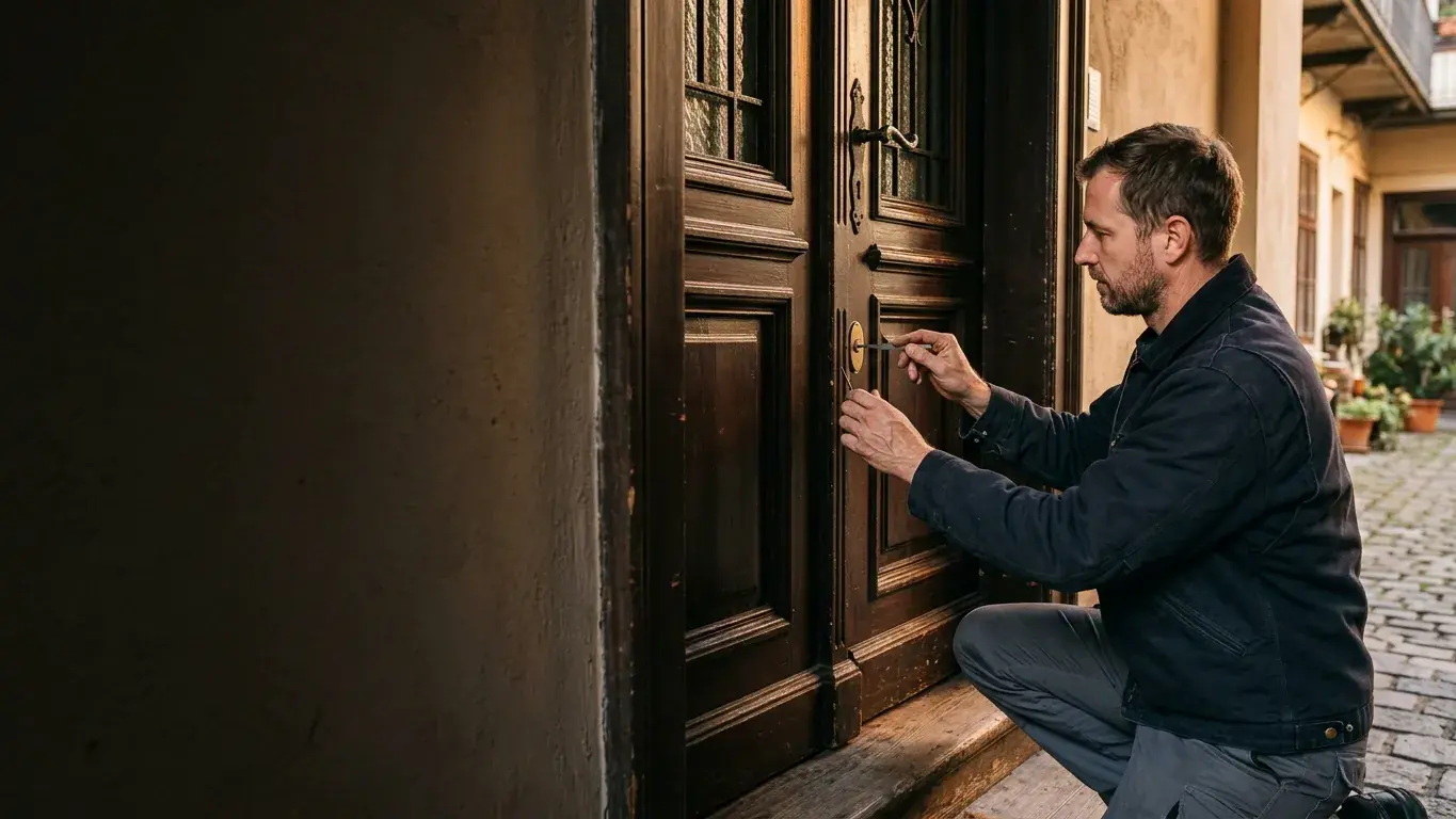 Monteur in dunkler Arbeitsjacke öffnet mit einem dünnen Werkzeug den Zylinder einer hölzernen Altbau-Wohnungstür