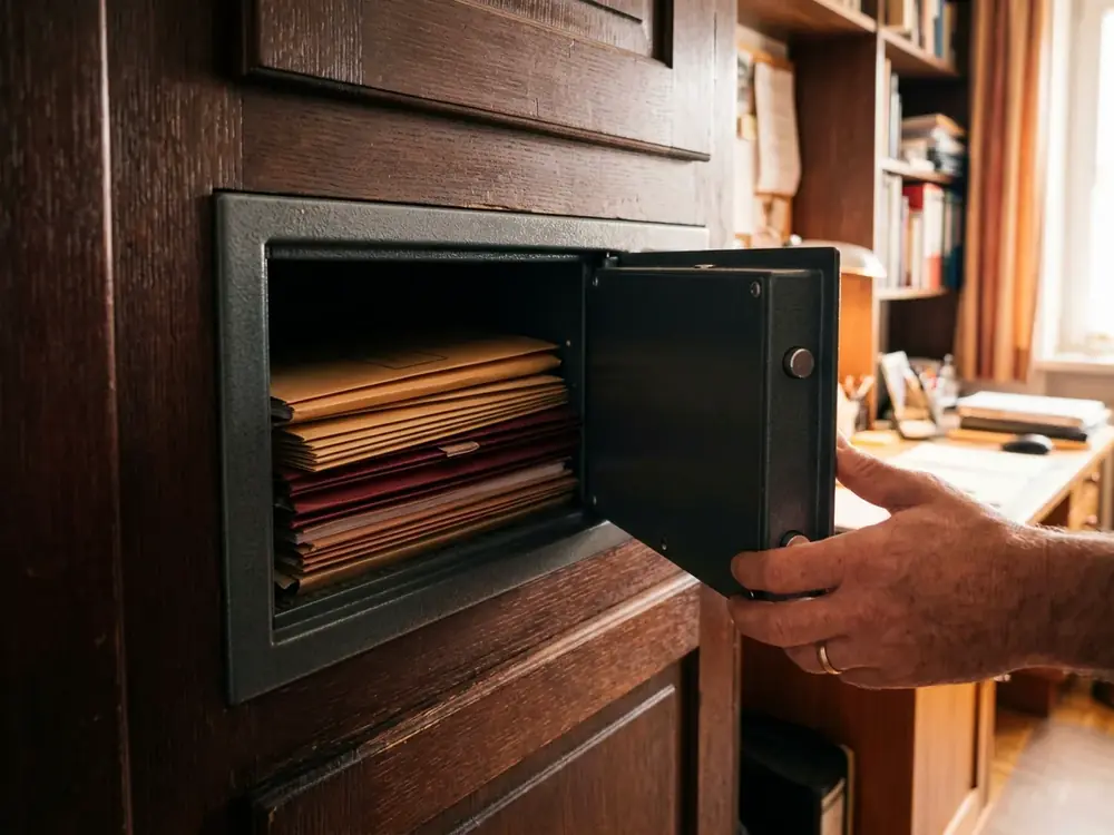Derselbe Wandtresor geöffnet, Mappen sichtbar, die Hand des Monteurs hält die Tür