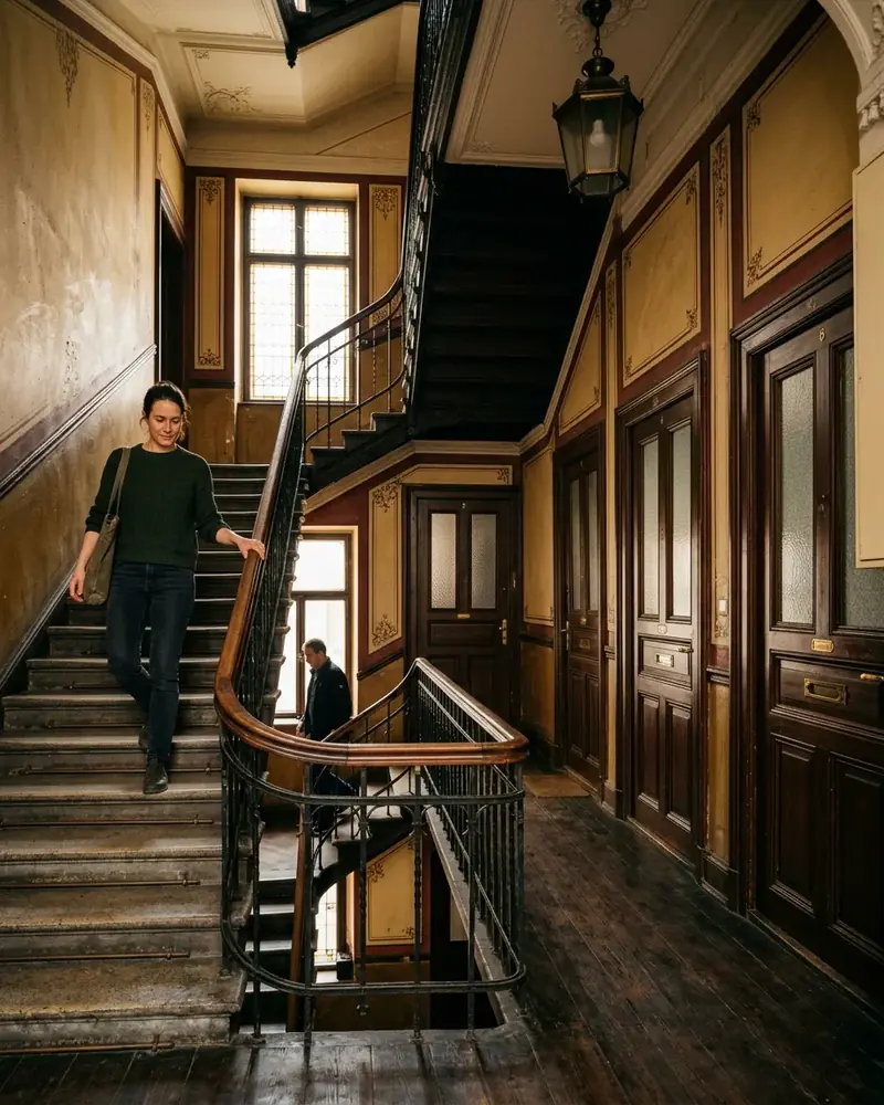 Treppenhaus eines Grazer Gründerzeithauses mit mehreren Holztüren im warmen Licht