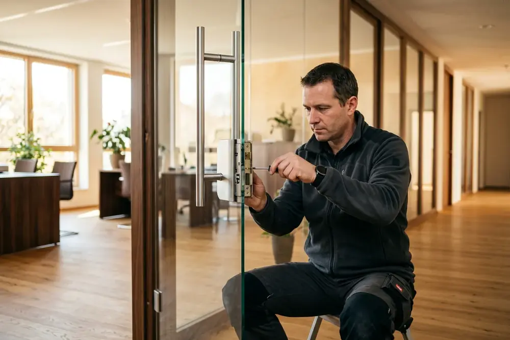 Glastür eines Büros mit Metallgriff, Monteur setzt ein Schlosskästchen ein